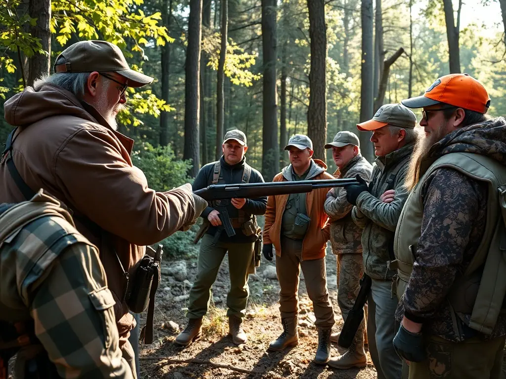 A training session with instructors demonstrating safe gun handling and hunting techniques to club members.