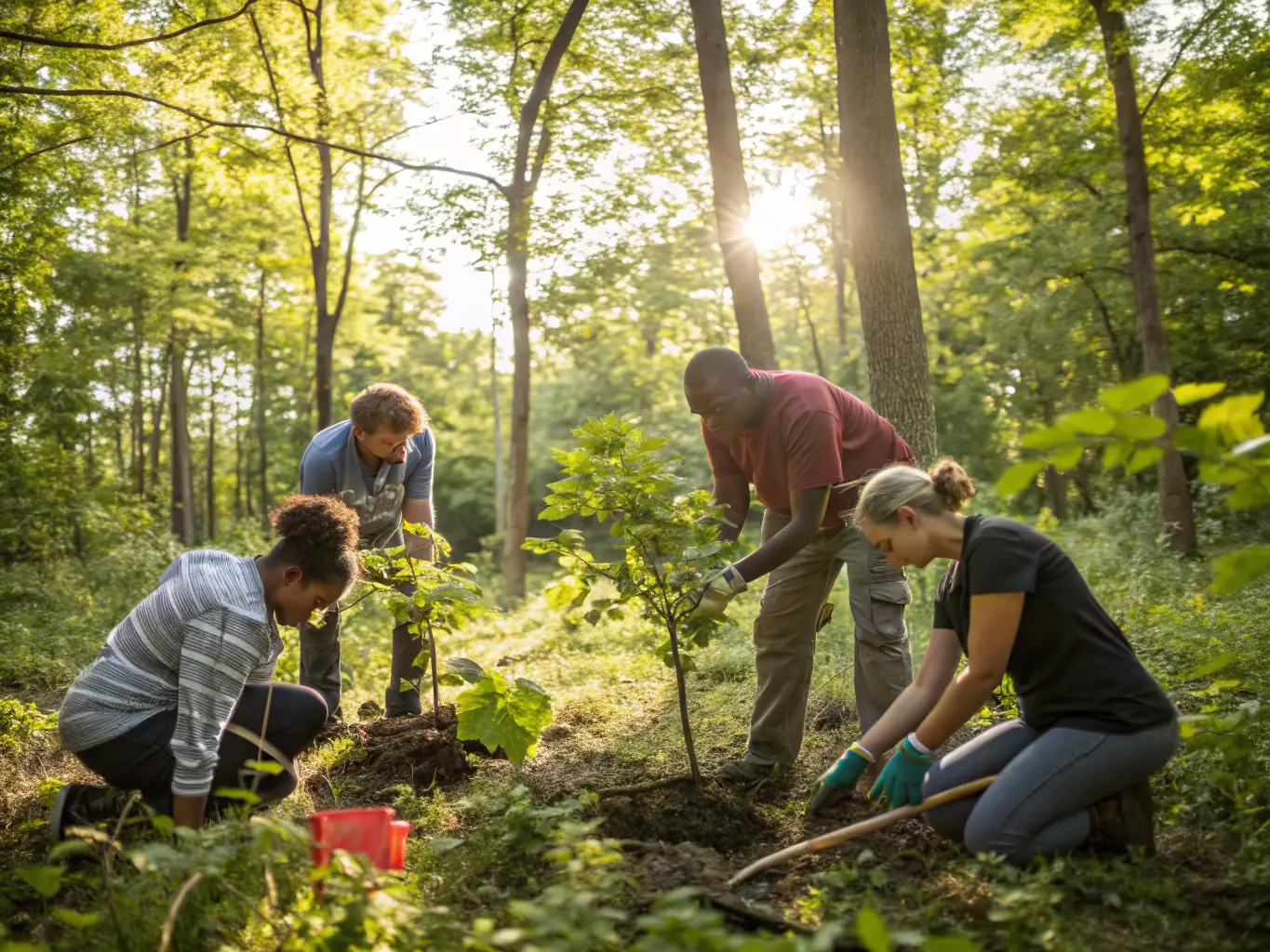 A photograph of club members participating in a habitat restoration project, planting trees and clearing brush in a local hunting area.