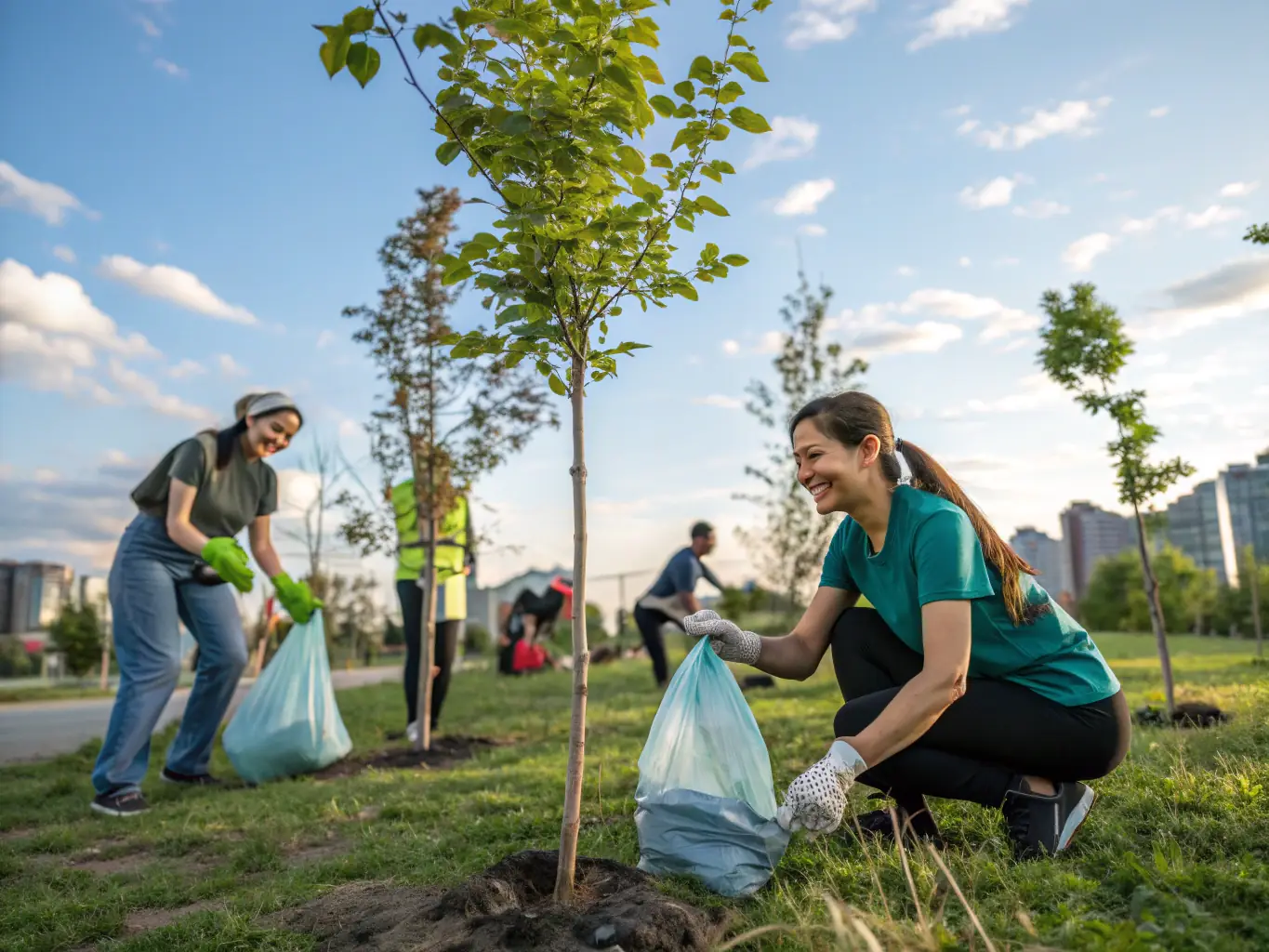 Volunteers from the hunting club participating in a community cleanup event in a local forest, emphasizing their commitment to environmental stewardship.