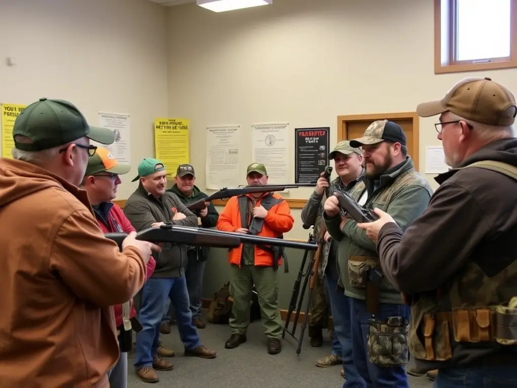 A group of hunters participating in a safety training session outdoors, with instructors demonstrating proper handling of hunting equipment.